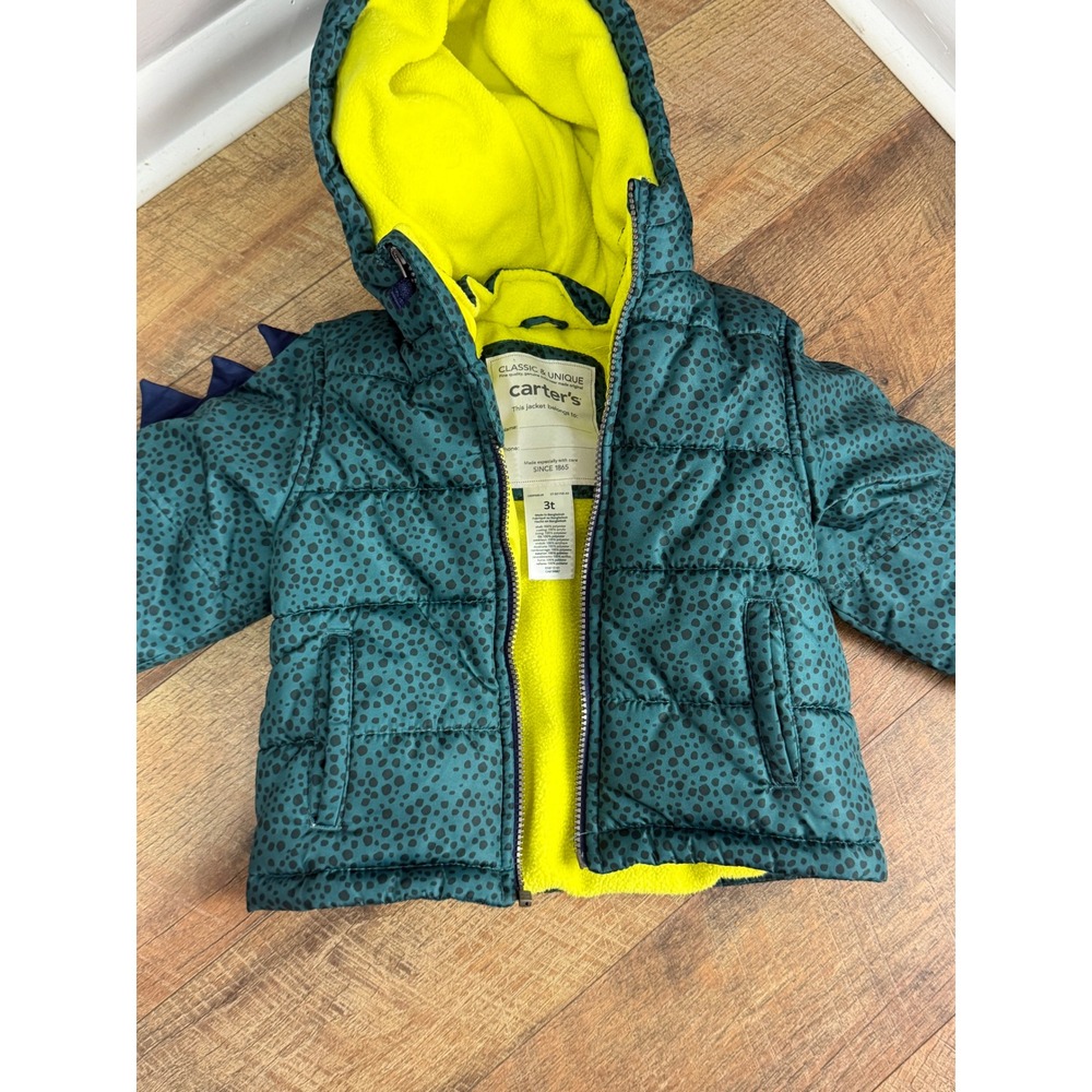 Carters Toddler Boys Dinosaur Puffer Jacket Teal Neon 3T Fleece Lined Hooded